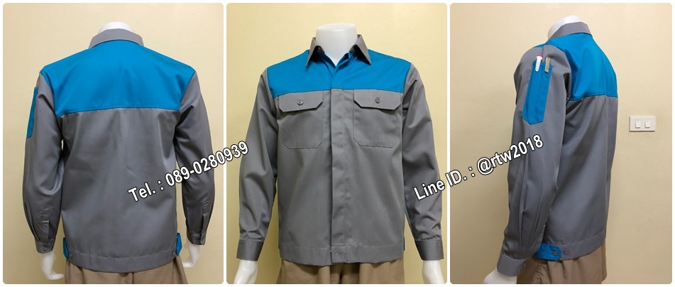 เสื้อช็อปแขนยาวผ้าคอมแบบเทาอกฟ้ากระดุมซ่อนสาบ (รหัส A47)