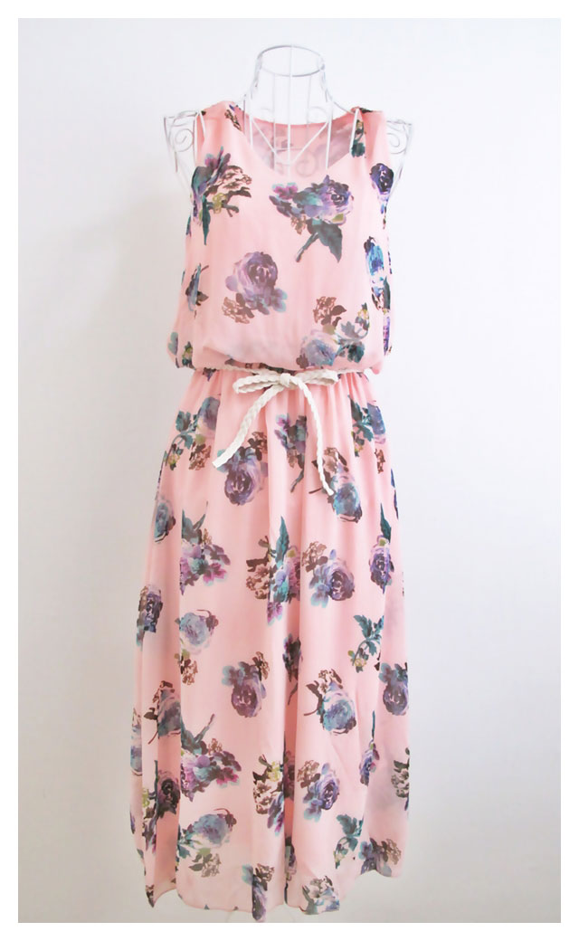 [ หมดค่ะ ] Maxi Dress เดรสยาวแขนกุดผ้าชีฟองสีชมพูอ่อน พิมพ์ลายดอกไม้