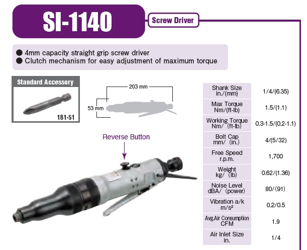 Shinano รุ่น SI-1140 ไขควงลม 4 mm. ขันสกรูเกลียวตลอด IMPACT SCREW DRIVERS