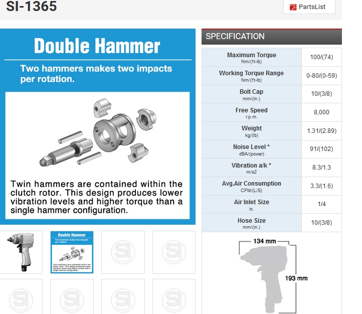 Shinano รุ่น SI-1365 บ็อกลม 3/8" รุ่นปืนงานหนัก Double Hammer ญี่ปุ่น IMPACT WRENCHES