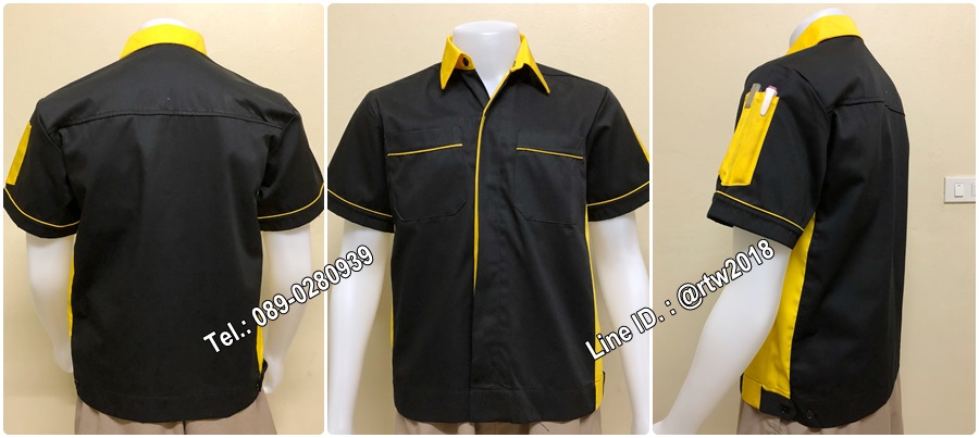 เสื้อช็อปแขนสั้นแบบดำข้างเหลืองกระดุมซ่อนสาบ (รหัส A17)