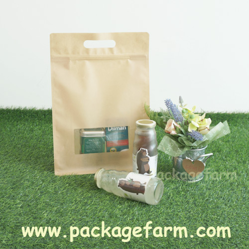 ซองซิปตั้ง+หิ้วได้ ก้นสี่เหลี่ยม กระดาษคราฟท์สีน้ำตาล แถบหน้าต่างใส