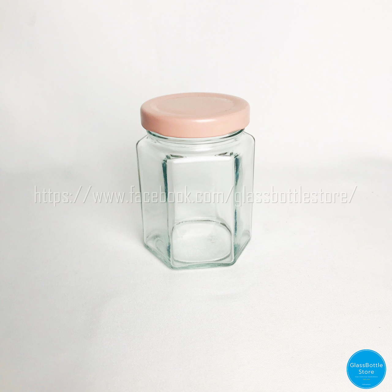 ขวดแก้ว หกเหลี่ยม 180ml ฝาเกลียวล็อคสีชมพู