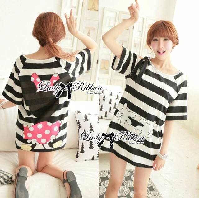 [ หมดค่ะ ] Lady Minnie Playful Striped Screen Midi Top เสื้อยาวพิมพ์ลายทางสกรีนลายมินนี่เมาส์