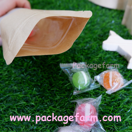 ซองซิปตั้งได้ก้นโค้ง กระดาษคราฟท์น้ำตาลไม่เคลือบ แถบหน้าต่างใส