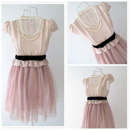 Mini Dress มินิเดรส เสื้อลูกไม้ตัดต่อกระโปรงผ้าตาข่ายสีชมพูกลีบบัว