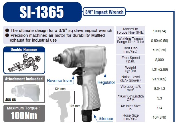 Shinano รุ่น SI-1365 บ็อกลม 3/8" รุ่นปืนงานหนัก Double Hammer ญี่ปุ่น IMPACT WRENCHES