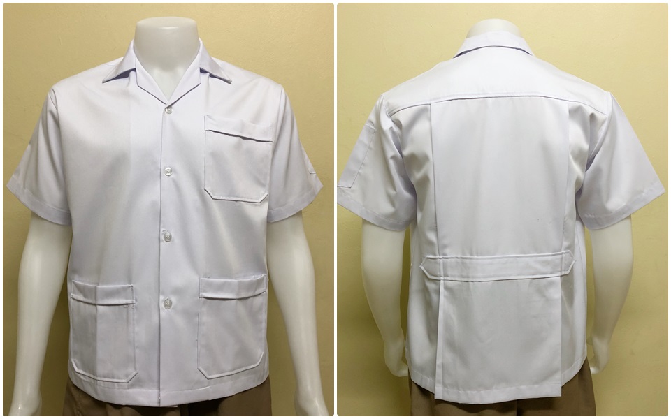 รหัส A1 : เสื้อช่างแขนสั้นผ้าคอมทวิวสามกระเป๋าสีขาวล้วน