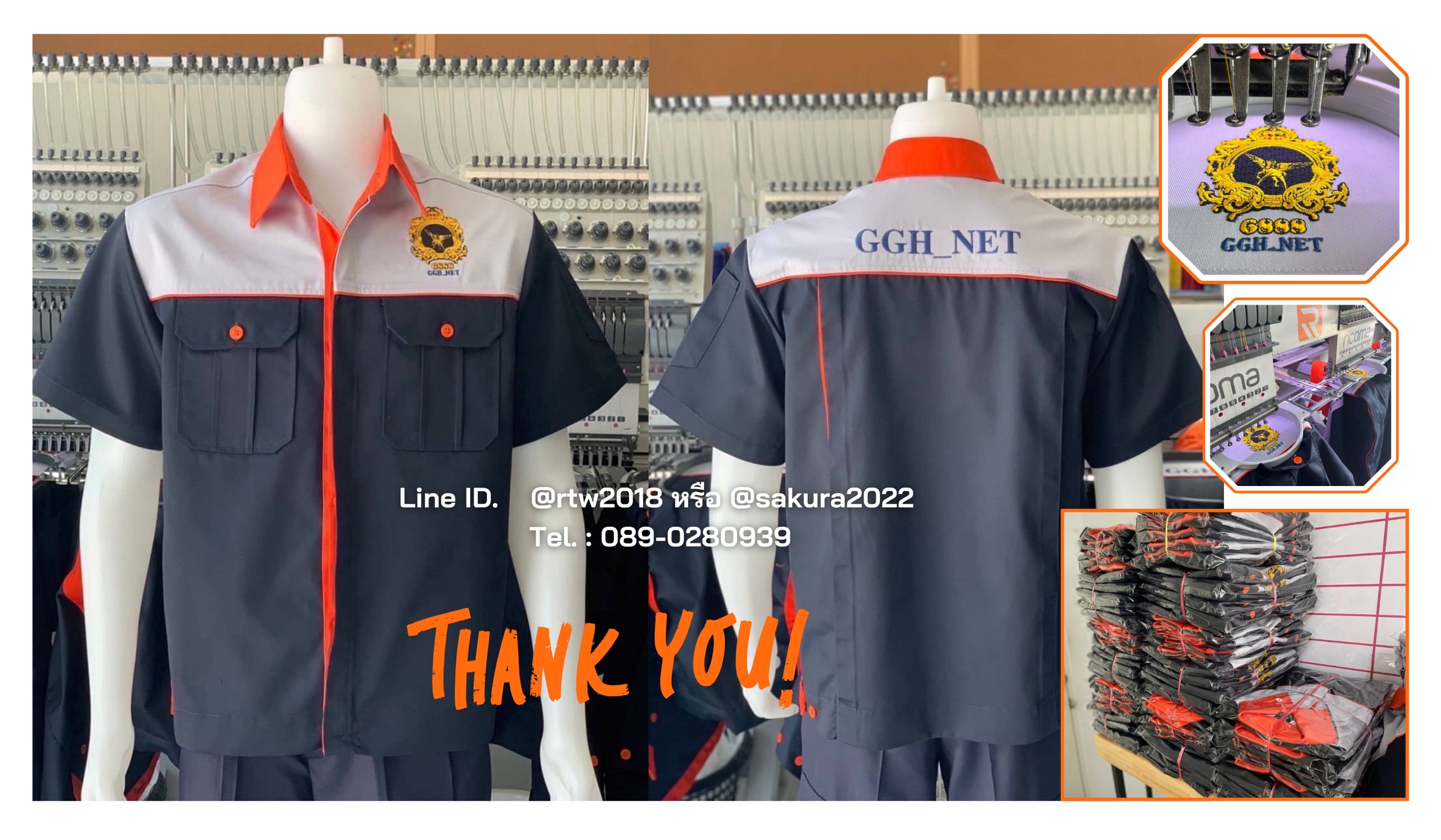 เสื้อช่างแขนสั้นผ้าคอมทวิวสีกรมท่า/เทาอ่อน/ส้ม (ขอบคุณ17)