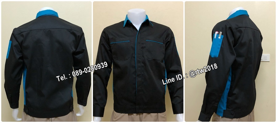 เสื้อช็อปแขนยาวผ้าคอมแบบดำข้างฟ้ากระดุมซ่อนสาบ (รหัส A72 )