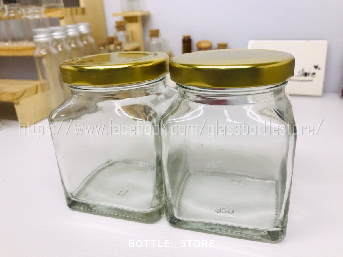 ขวดแก้ว สี่เหลียม 180ml ฝาเกลียวล็อคสีทอง