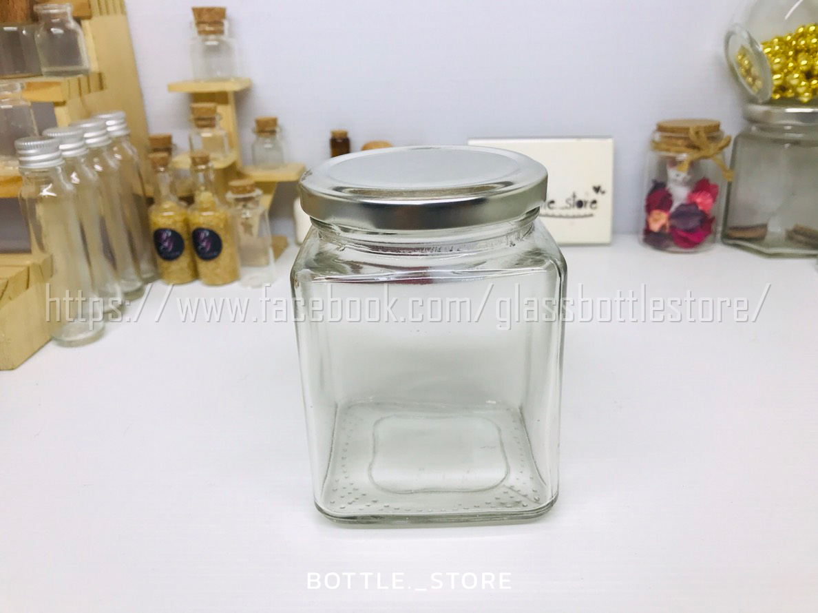 ขวดแก้ว สี่เหลี่ยม 380ml mฝาเกลียวล็อคสีเงิน