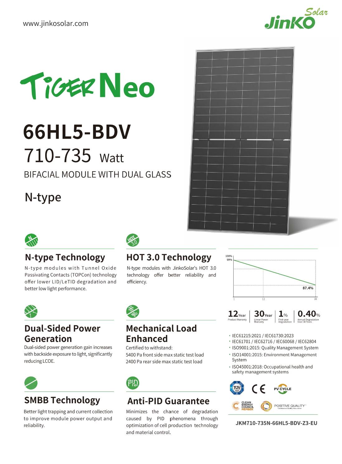 Solar Cell 725w JinKo N-type Bifacail แผง2ด้าน Tie1 Mono Half Cell 33MM.