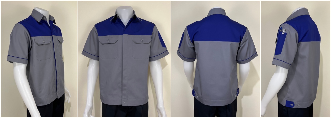รหัส A8.2 : เสื้อช่างแขนสั้นผ้าคอมทวิวเทาอกน้ำเงิน (ซ่อนสาบ)