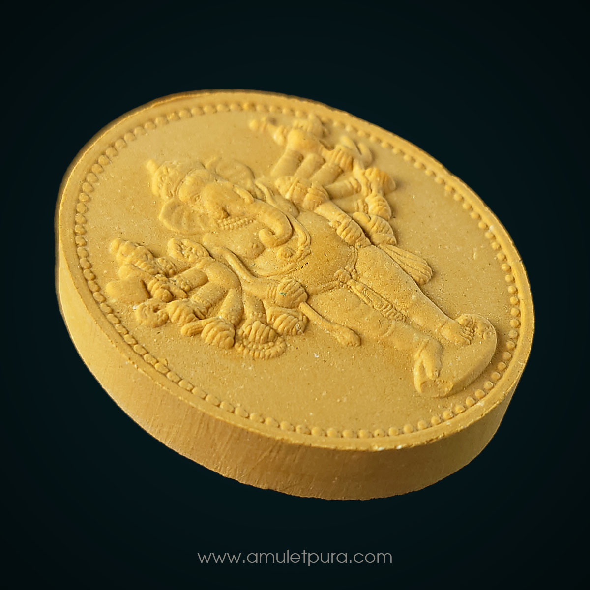 พระพิฆเนศวรปาง16กร (วีระคณปติ) รุ่นมหาจักรพรรดิ เนื้อผงเหลืองเรืองรอง ผ่องอำไพ ปี53 วัดหน้าพระเมรุ จ.พระนครศรีอยุธยา (ยิงโค้ดเลเซอร์ หมายเลข 6493)