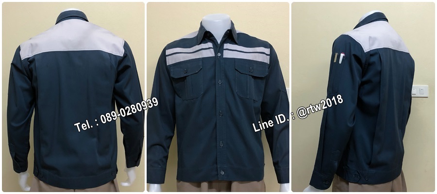 เสื้อช็อปแขนยาวผ้าคอมแบบสีกรมคาดอกเทาคู่ (รหัส A64)