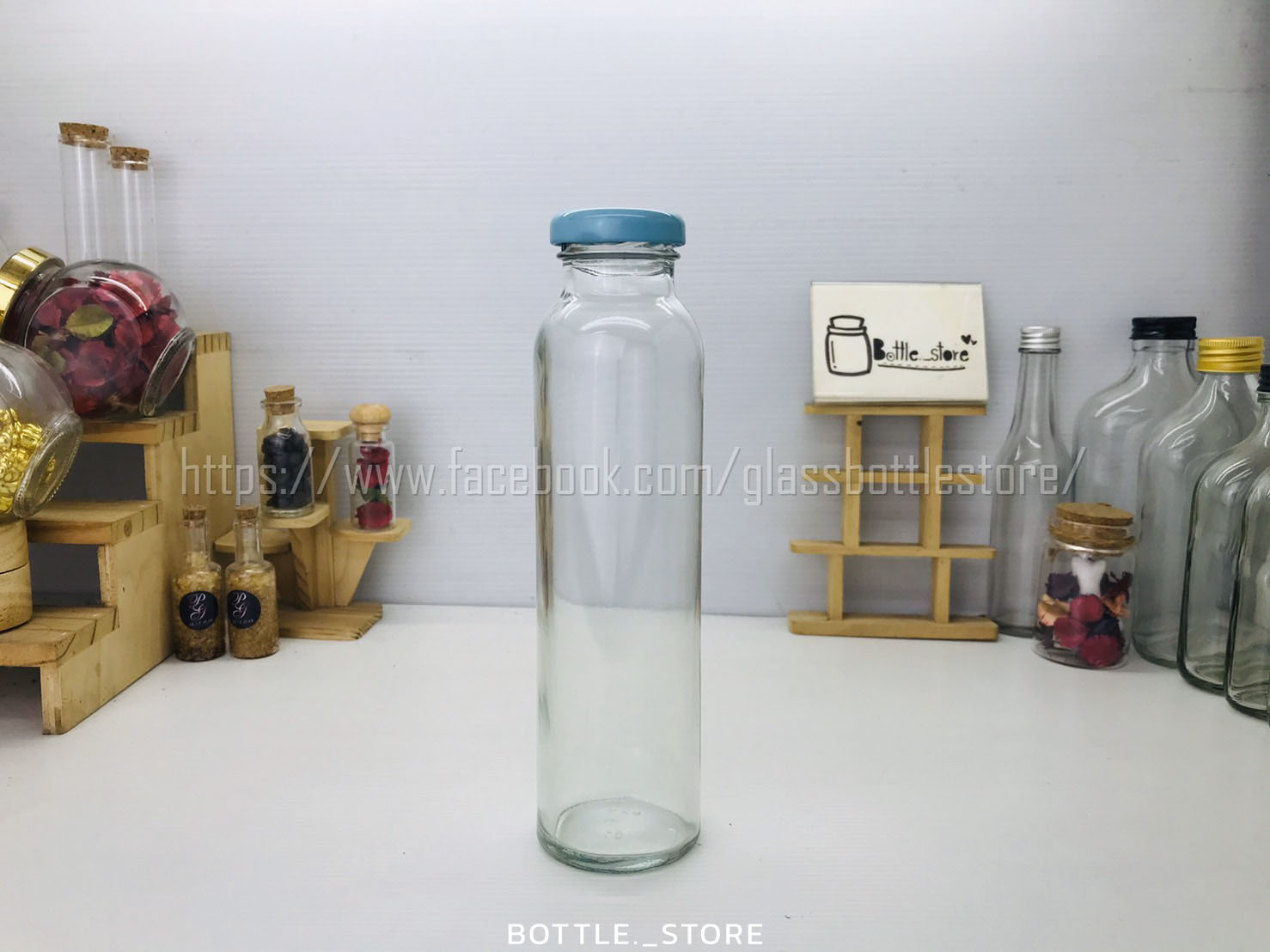 ขวดแก้ว น้ำผลไม้ทรงสูง 300ml ฝาเกลียวล็อคสีฟ้า