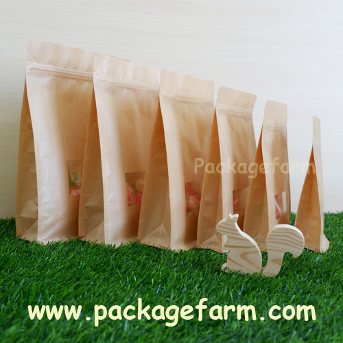 ซองซิปตั้งได้ก้นสี่เหลี่ยม กระดาษคราฟท์สีน้ำตาล หน้าต่างใส