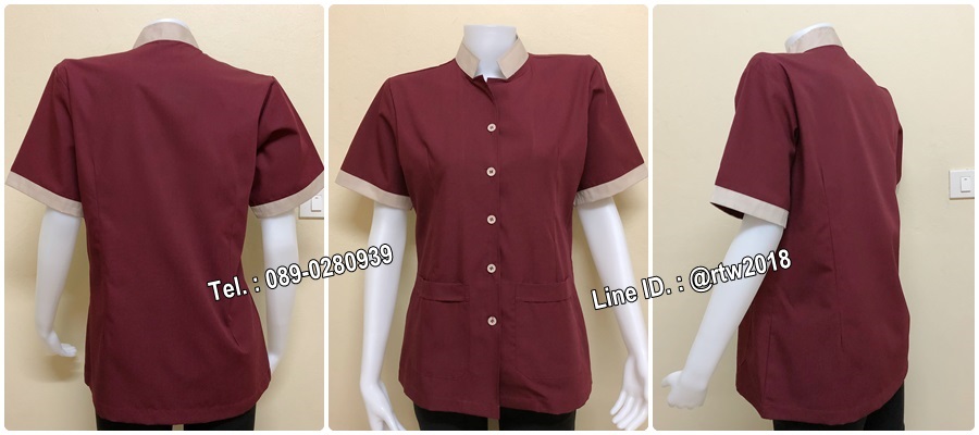 เสื้อแม่บ้านคอจีนแขนสั้นสีเลือดหมู/ครีม (รหัส C7)