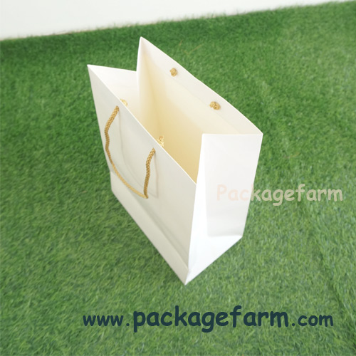 ถุงกระดาษอาร์ตขาว เบอร์ 3 แนวตั้ง หูเชือกสีทอง ขนาด 9"1/2 x 13" x 5"1/2