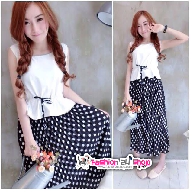 [ หมดค่ะ ] Tee Top with Polka Dot Midi Dress มิดี้เดรสเสื้อยืดสีขาวต่อกระโปรงลายจุด