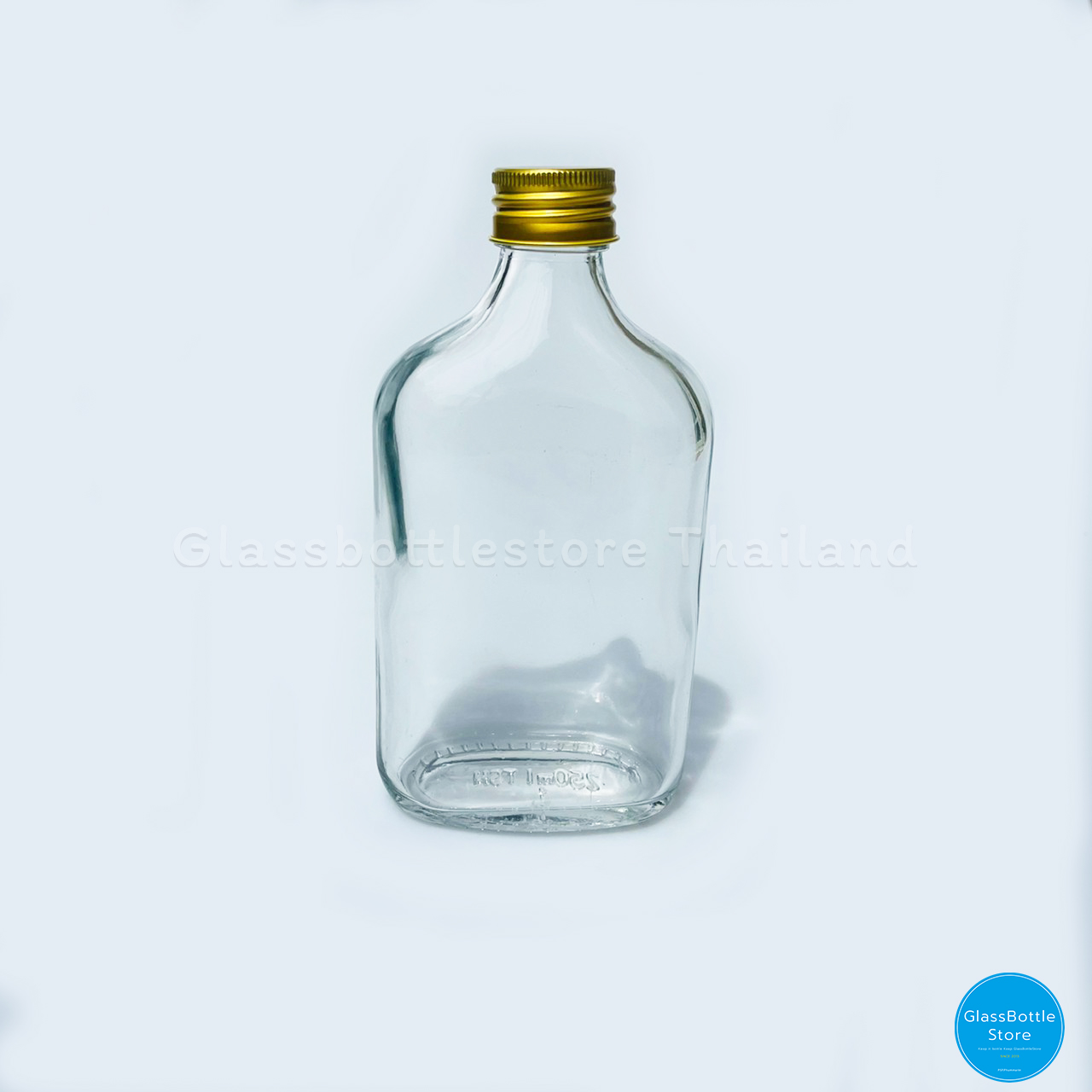 ขวดแก้ว แบน 250ml ฝาเกลียวสีทอง