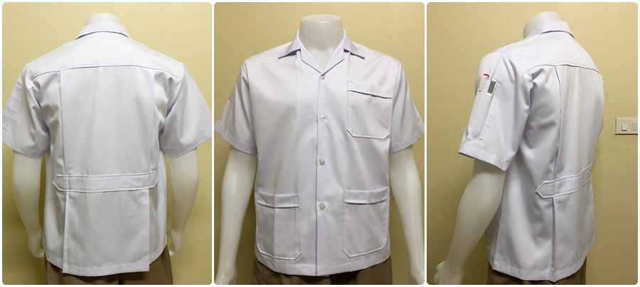 รหัส A1 : เสื้อช่างแขนสั้นผ้าคอมทวิวสามกระเป๋าสีขาวล้วน