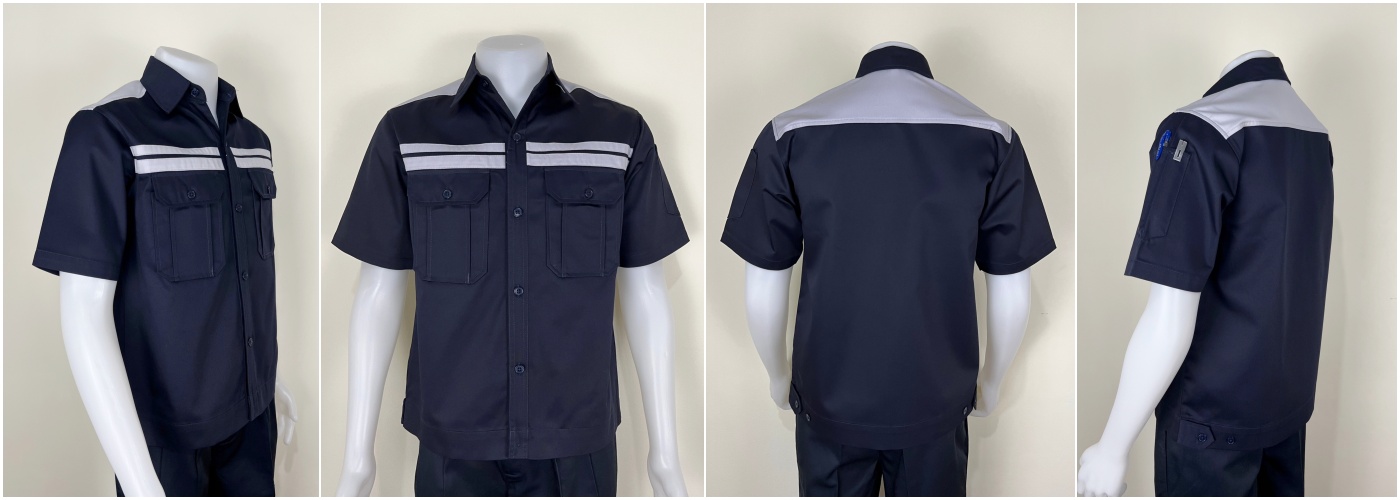 รหัส A19.3 : เสื้อช่างแขนสั้นผ้าคอมทวิวสีกรมท่าคาดอกเทาคู่