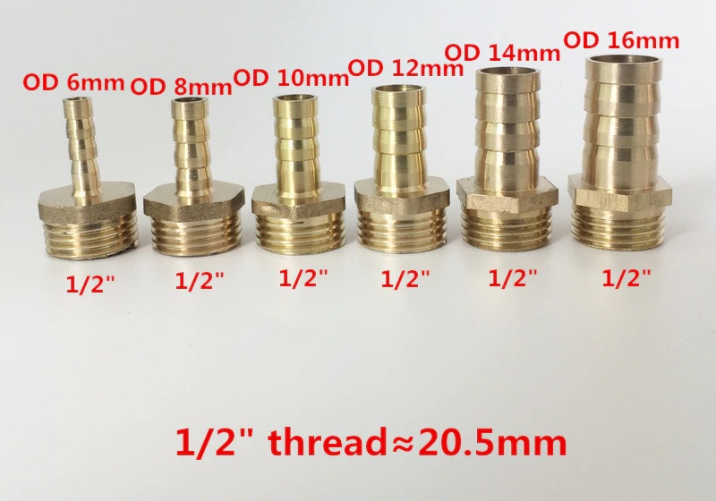 Male Thread 1/2BSP (20.5mm) to Straight Barb Tail 10mm Brass Connector