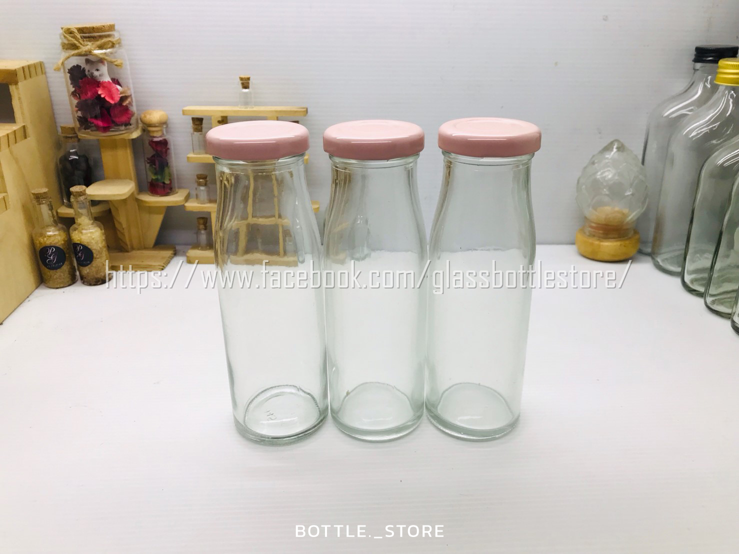 ขวดแก้ว น้ำผลไม้ 200ml ฝาเกลียวล็อคสีชมพู