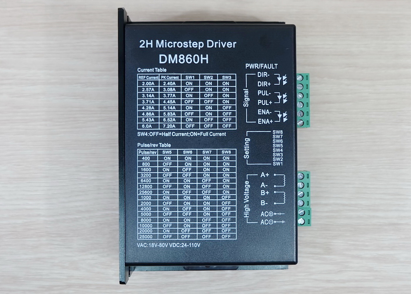 DM860H (Jiawen) Microstep Driver Peak 7.2A, 24-110 VDC / 18-80VAC 2-phase