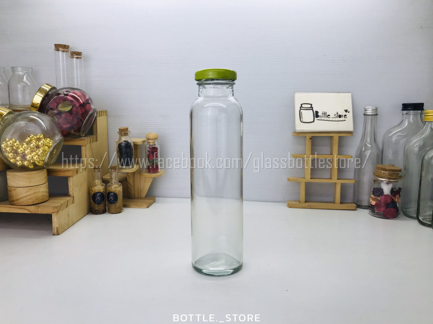 ขวดแก้ว น้ำผลไม้ทรงสูง 300ml ฝาเกลียวล็อคสีเขียว