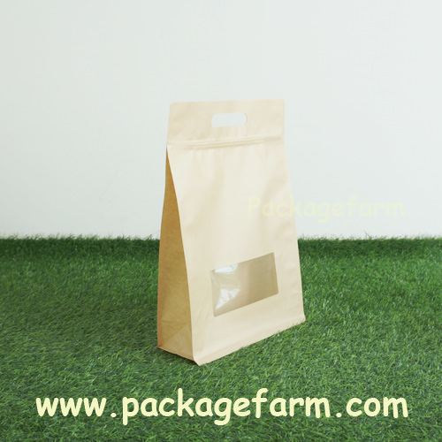 ซองซิปตั้ง+หิ้วได้ ก้นสี่เหลี่ยม กระดาษคราฟท์สีน้ำตาล แถบหน้าต่างใส