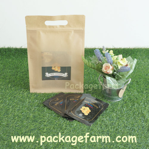 ซองซิปตั้ง+หิ้วได้ ก้นสี่เหลี่ยม กระดาษคราฟท์สีน้ำตาล แถบหน้าต่างใส