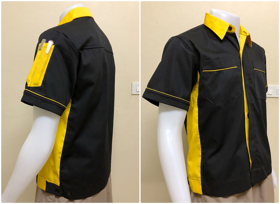 เสื้อช็อปแขนสั้นแบบดำข้างเหลืองกระดุมซ่อนสาบ (รหัส A17)