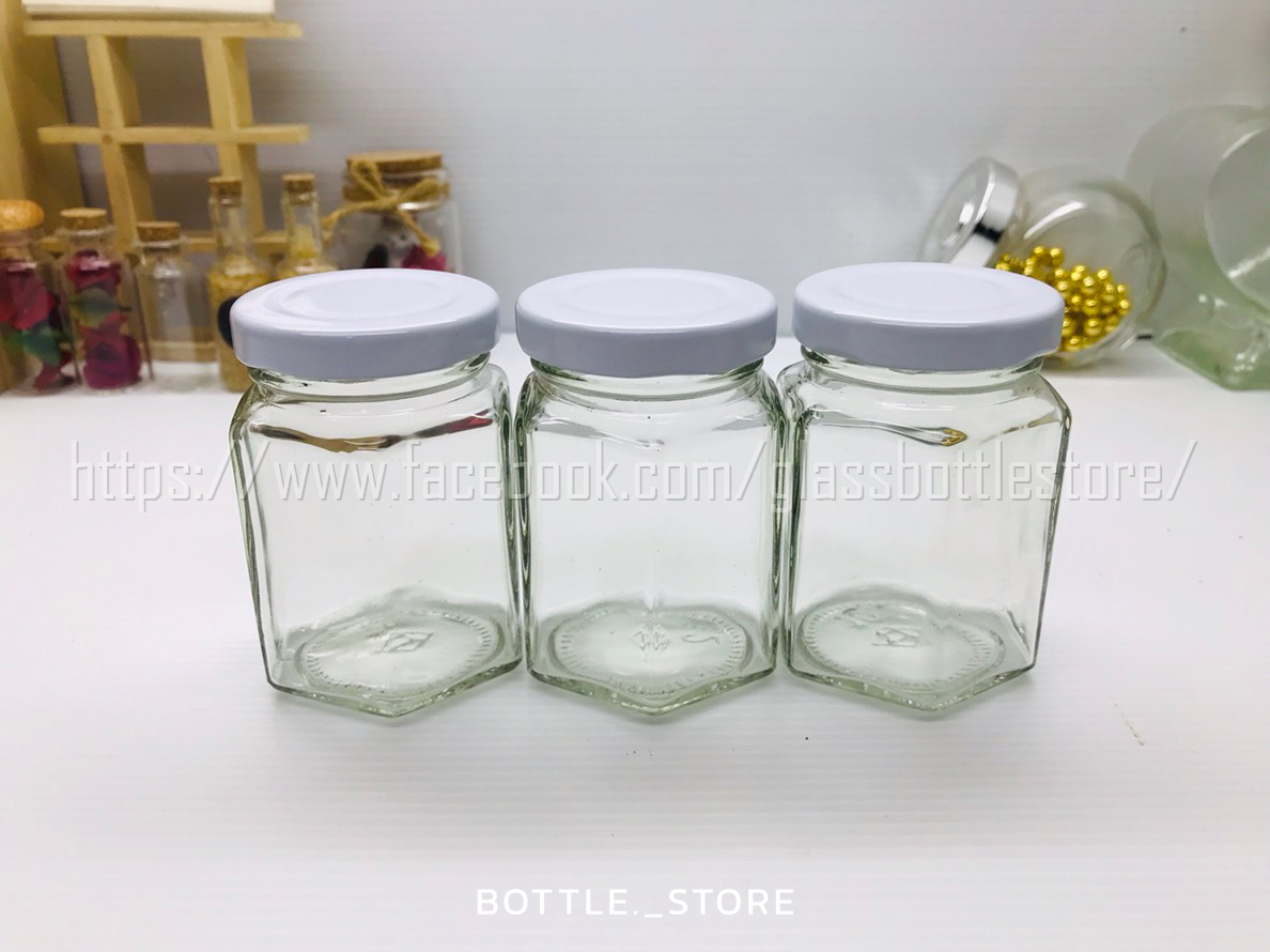 ขวดแก้ว หกเหลี่ยม 110ml ฝาเกลียวล็อคสีขาว