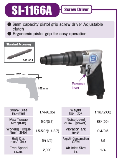 Shinano รุ่น SI-1166A ไขควงลม 6 mm. ขันสกรูเกลียวตลอด IMPACT SCREW DRIVERS