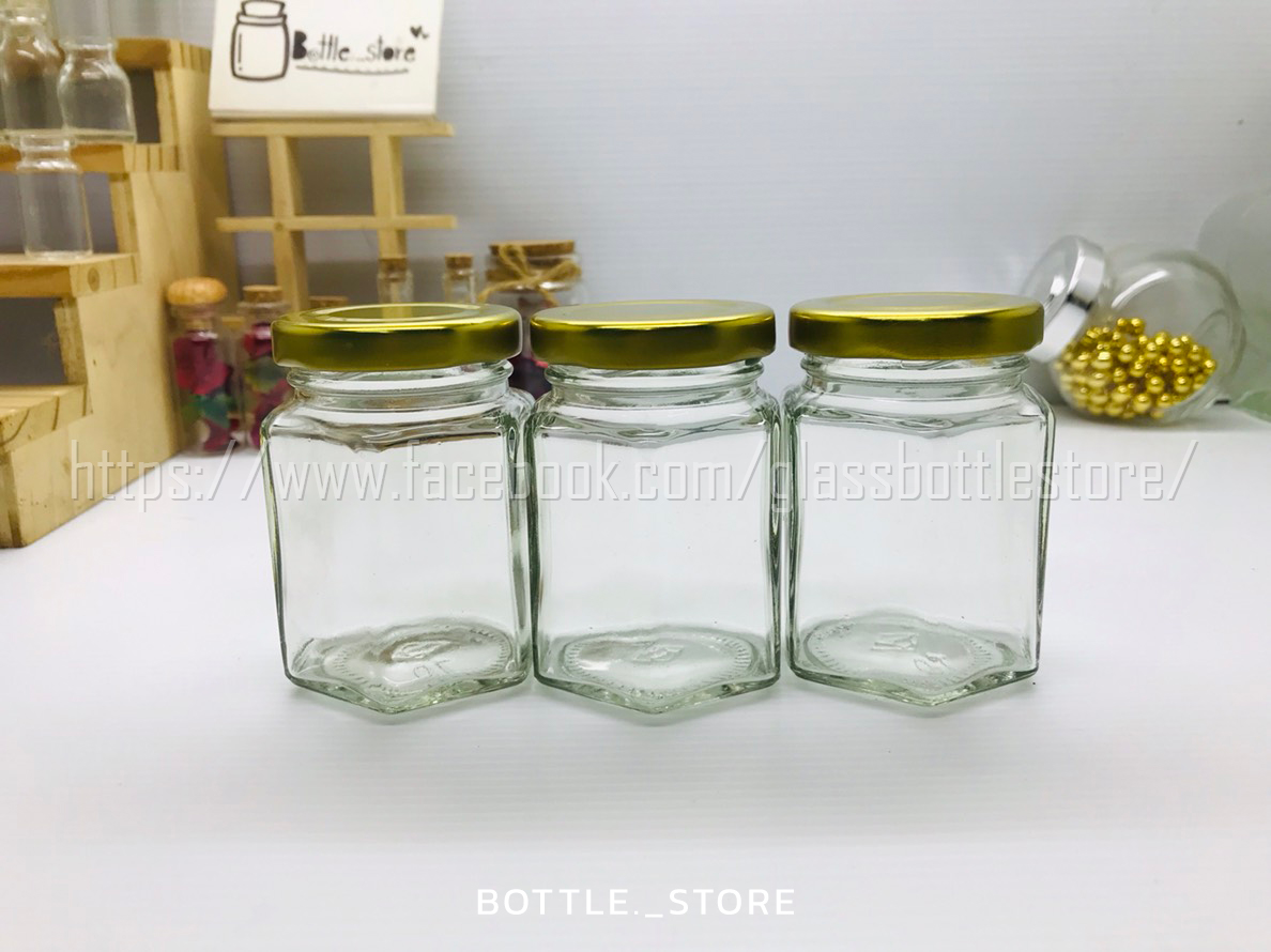 ขวดแก้ว หกเหลี่ยม 110ml ฝาเกลียวล็อคสีทอง