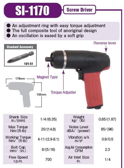 Shinano รุ่น SI-1170 ไขควงลม 8-10 mm. ขันสกรูเกลียวปล่อย รุ่นหัวปรับทอค IMPACT DRIVERS