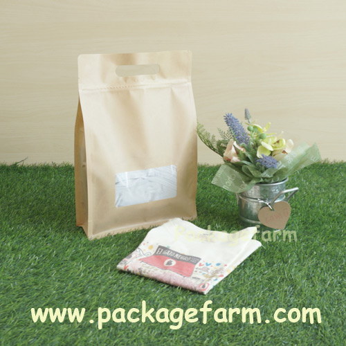 ซองซิปตั้ง+หิ้วได้ ก้นสี่เหลี่ยม กระดาษคราฟท์สีน้ำตาล แถบหน้าต่างใส