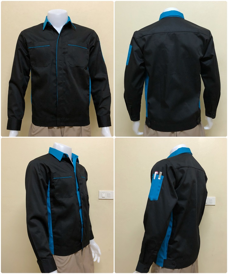 เสื้อช็อปแขนยาวผ้าคอมแบบดำข้างฟ้ากระดุมซ่อนสาบ (รหัส A72 )