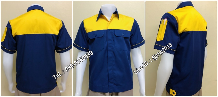 เสื้อช็อปแขนสั้นแบบน้ำเงินอกเหลืองกระดุมซ่อนสาบ (รหัส A4)