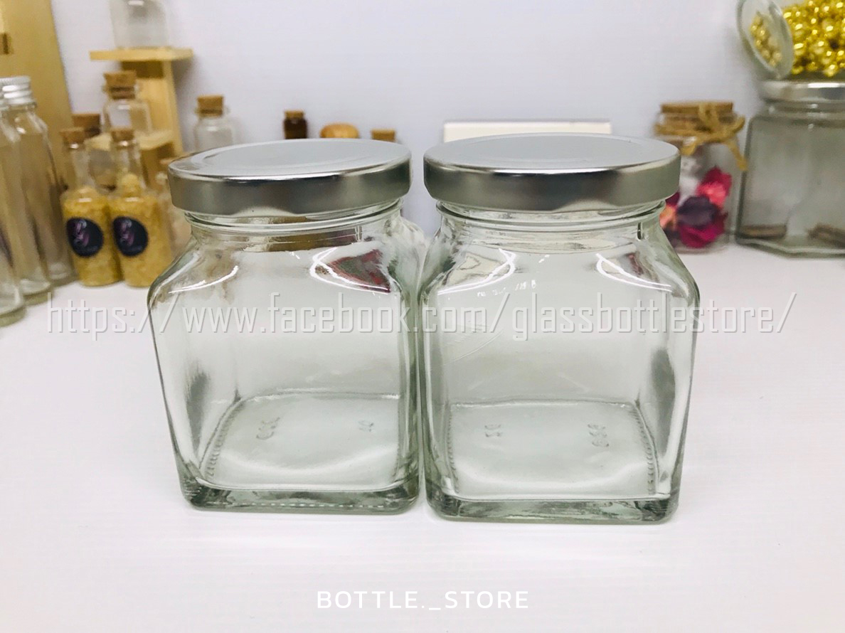 ขวดแก้ว สี่เหลี่ยมแยม 180ml สีเงิน