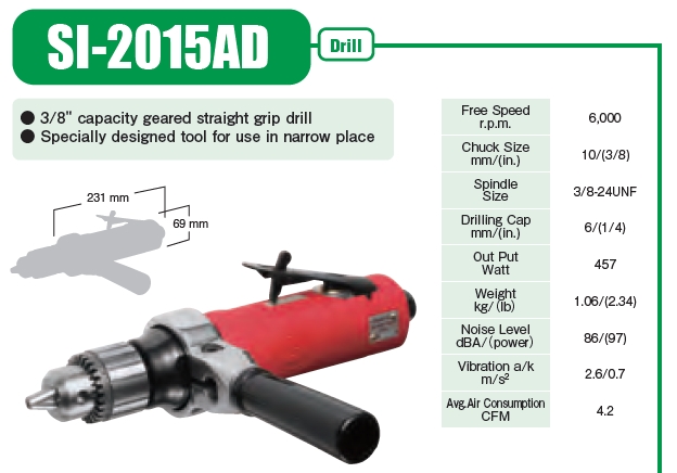 Shinano รุ่น SI-2015AD สว่านลม 3/8" รุ่นตรง ญี่ปุ่น AIR DRILLS