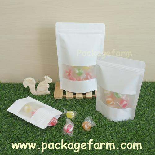 ซองซิปตั้งได้ก้นโค้ง กระดาษคราฟท์สีขาวเคลือบ แถบหน้าต่างขุ่น