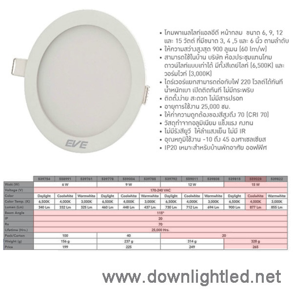 ดาวน์ไลท์ LED EVE 15w (แสงขาวนวล)