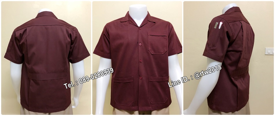 เสื้อช็อปแขนสั้นแบบสามกระเป๋าสีเลือดหมูล้วน (รหัส A31)