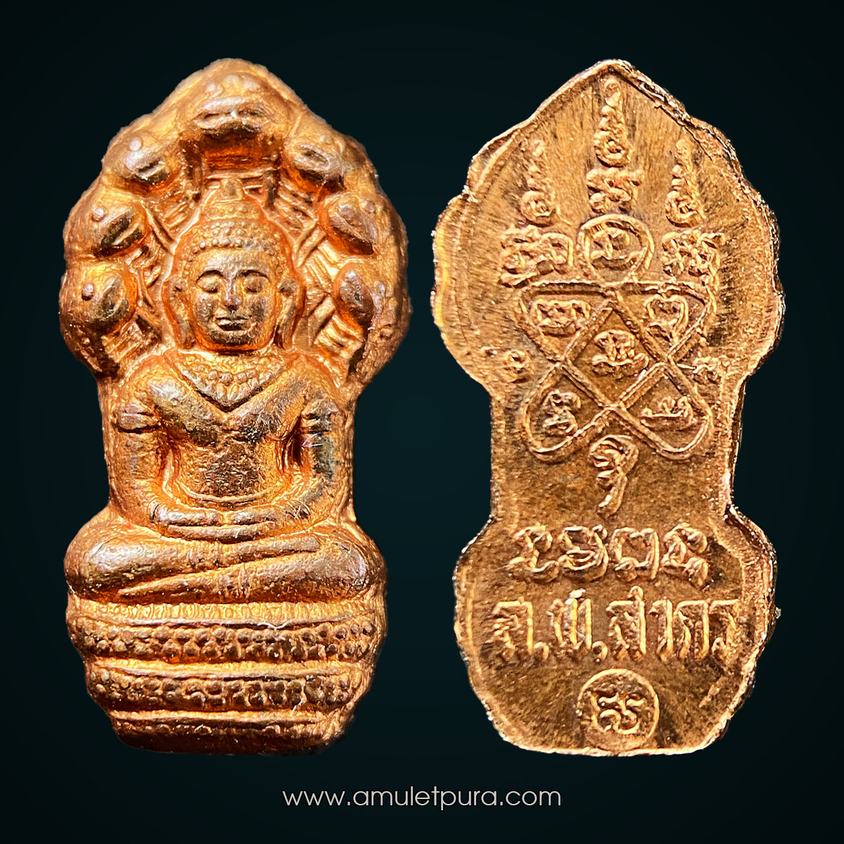 พระนาคปรกใบมะขาม เนื้อทองแดงผิวไฟ ปี53 หลวงพ่อสาคร วัดหนองกรับ จ.ระยอง (มีโค้ด พร้อมรูปถ่ายหลวงพ่อ ด้านหลังปั้มยันต์ห้าหมึกแดง)