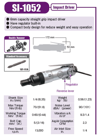 Shinano รุ่น SI-1052 ไขควงลม 5 mm. ขันสกรูเกลียวตลอด IMPACT SCREW DRIVERS