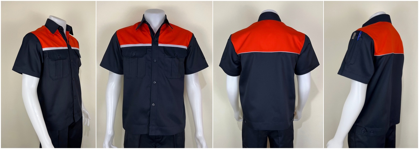 รหัส A20.2 : เสื้อช่างแขนสั้นผ้าคอมทวิวสีกรมท่าอกส้มแต่งเทา